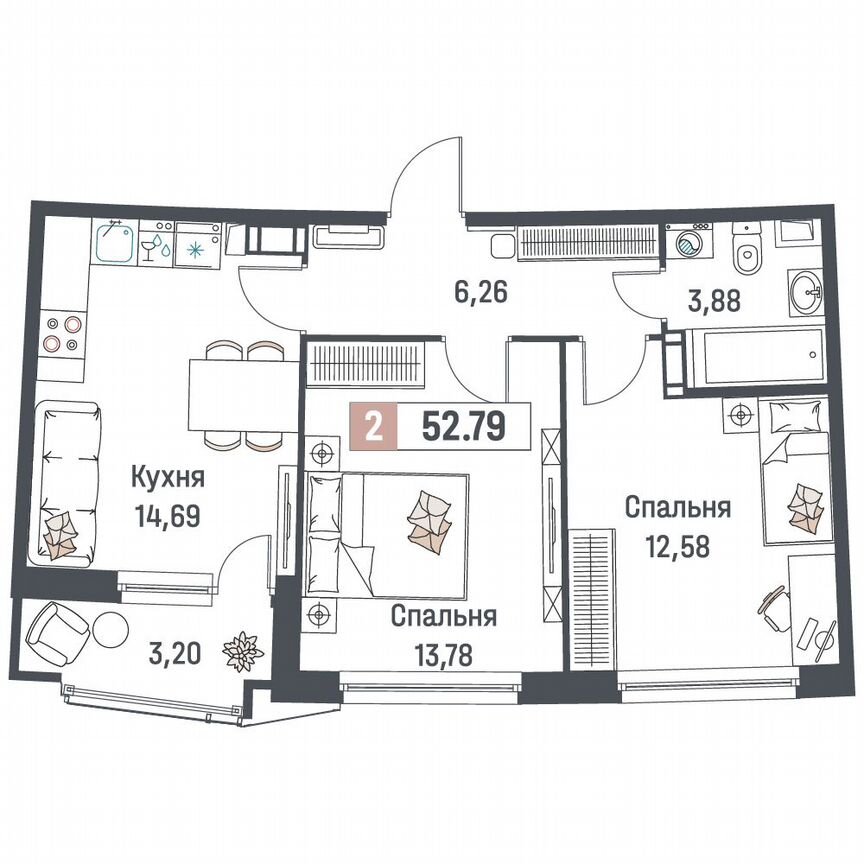 2-к. квартира, 52,8 м², 6/18 эт.