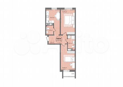 2-к. квартира, 60,8 м², 6/14 эт.