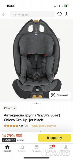 Автокресло группа 1/2/3 (9-36 кг) Chicco Gro-Up