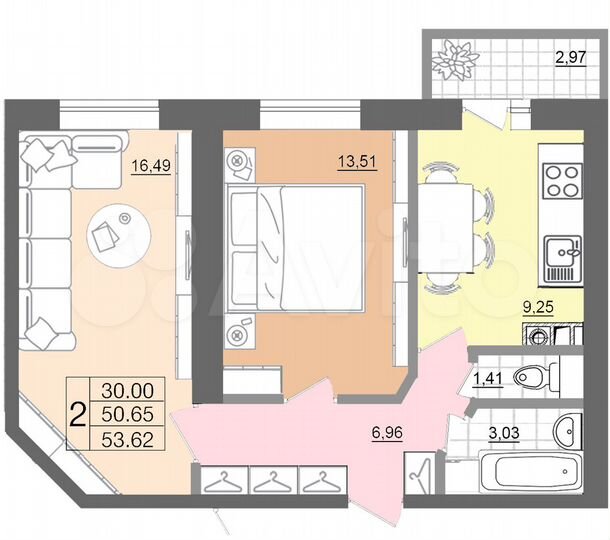 2-к. квартира, 53,7 м², 7/7 эт.