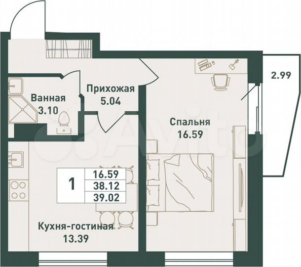 1-к. квартира, 39 м², 16/16 эт.