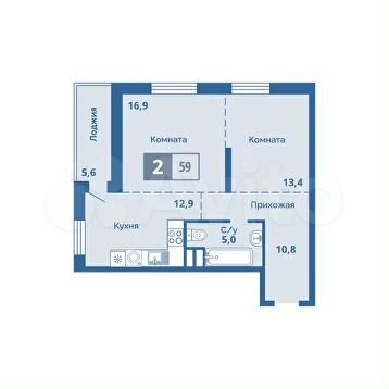 2-к. квартира, 59 м², 4/15 эт.