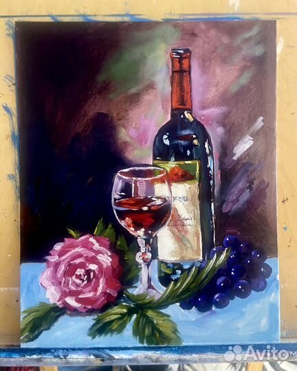 Картина маслом натюрморт с вином виноградом
