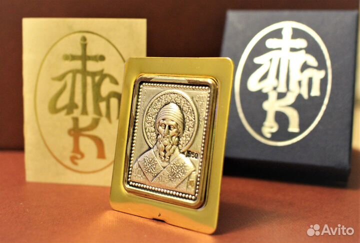 Икона новая святой Спиридон серебро 950, позолота