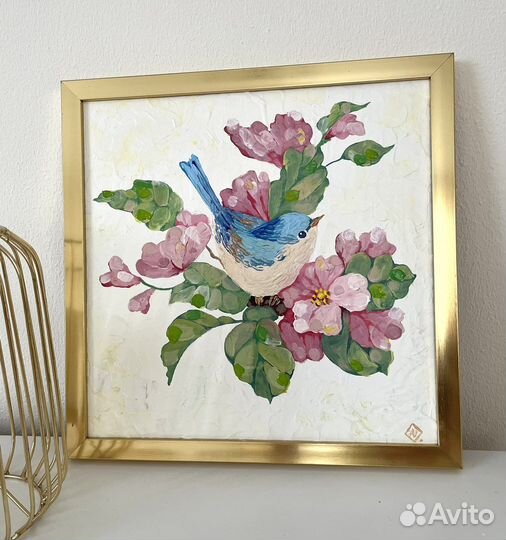 Картина в раме с птицей, 32х32 см