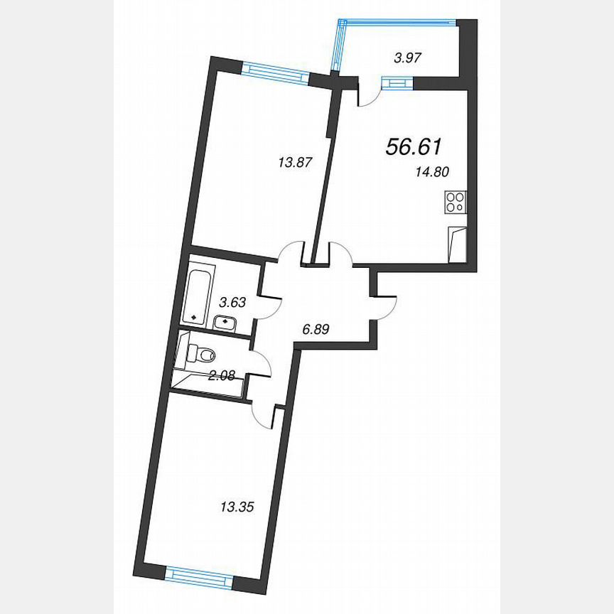 2-к. квартира, 58,6 м², 13/22 эт.