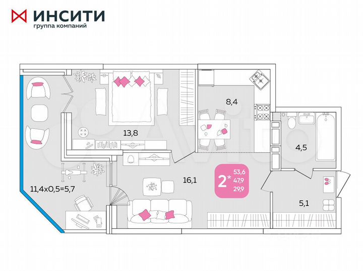 2-к. квартира, 53,1 м², 3/24 эт.