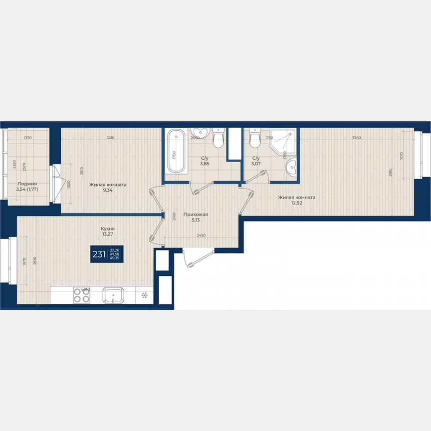 2-к. квартира, 49,4 м², 9/12 эт.