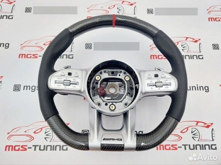 Руль в стиле 63 AMG карбон красная полоса E-class