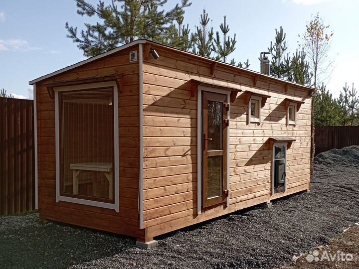 Баня 6 м с односкатной крышей (бочка квадро каркасная)