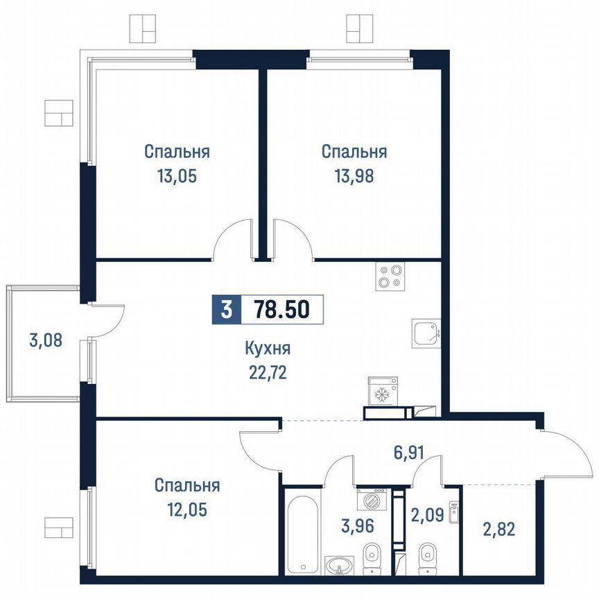 3-к. квартира, 77,6 м², 13/18 эт.