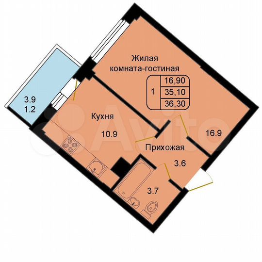 1-к. квартира, 36,3 м², 4/8 эт.