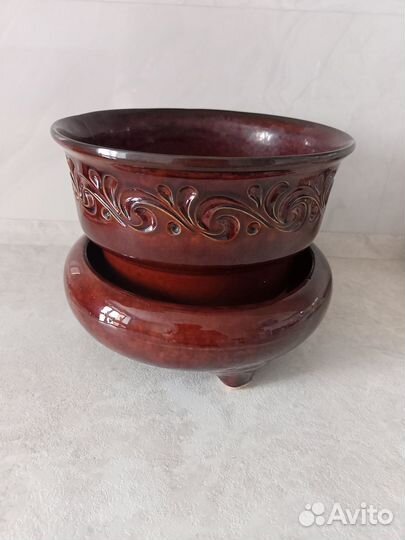 Большой керамический горшок с поддоном бу