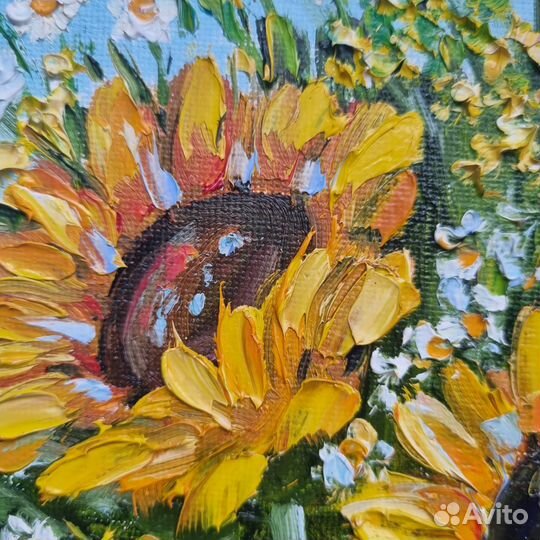 Подсолнухи ромашки полевые цветы картина маслом