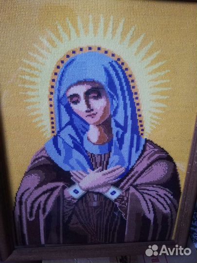 Икона Умиление вышитая крестиком, в рамке, 34х44см