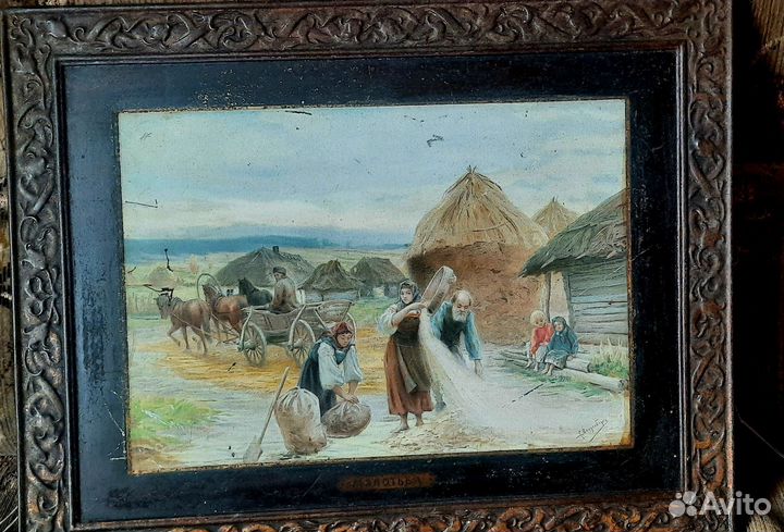 Картина масло металл рамка чеканка Молотьба