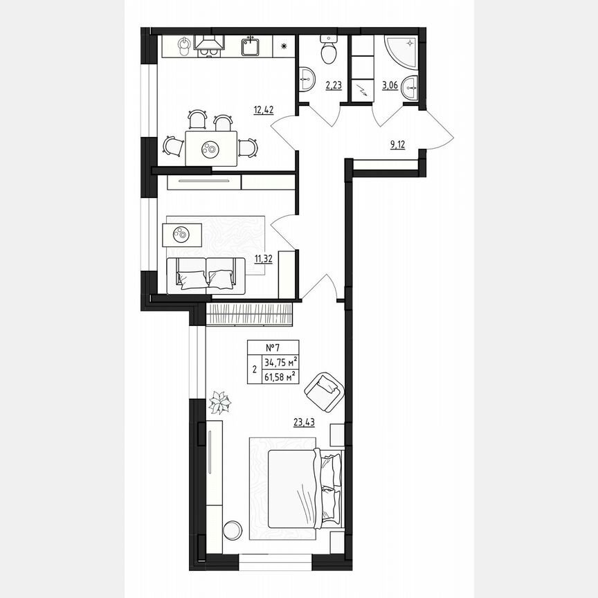 2-к. квартира, 61,6 м², 1/4 эт.