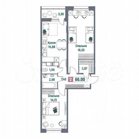 2-к. квартира, 66 м², 7/16 эт.