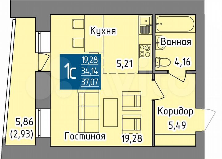 1-к. квартира, 37,1 м², 3/19 эт.