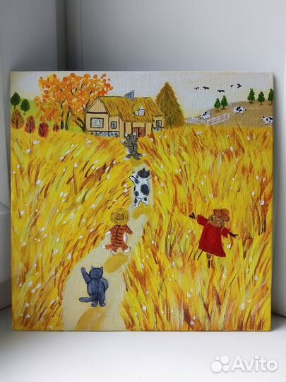 Картина на холсте осенний пейзаж с котами