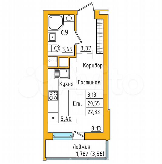 Квартира-студия, 22,1 м², 9/27 эт.