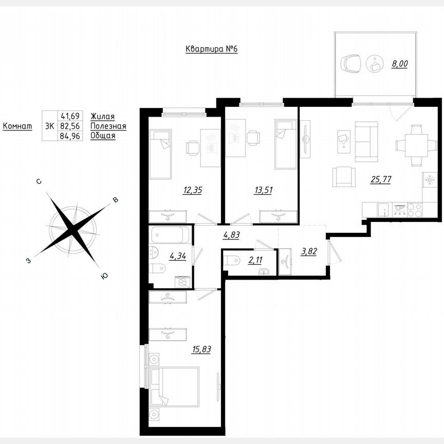 3-к. квартира, 85 м², 1/5 эт.