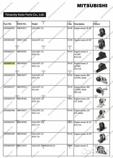 Опора двигателя Tenacity Mitsubishi Galant