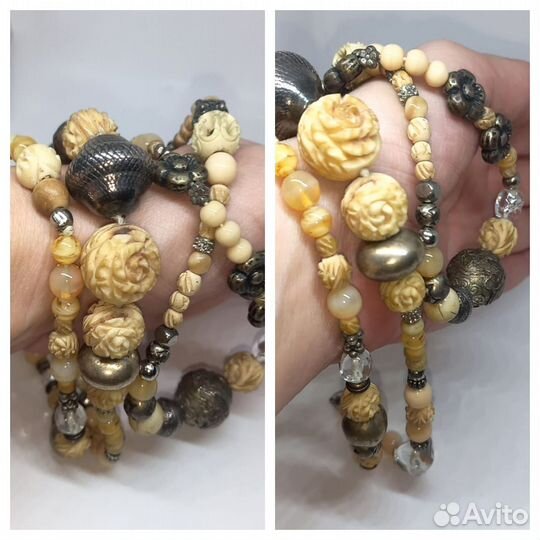 Колье - Кость Резьба - Опаловое Стекло - Винтаж