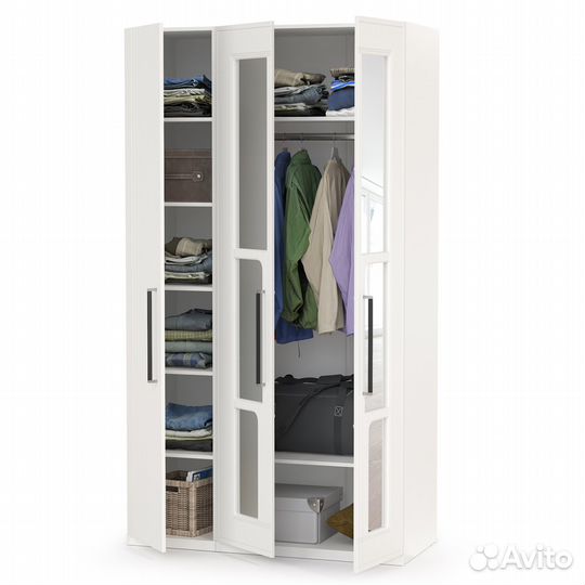 Шкаф для одежды 3-х створчатый с зеркалами Валенсия, цвет белый шагрень, шхгхв 126х54,2х225,3 см., у