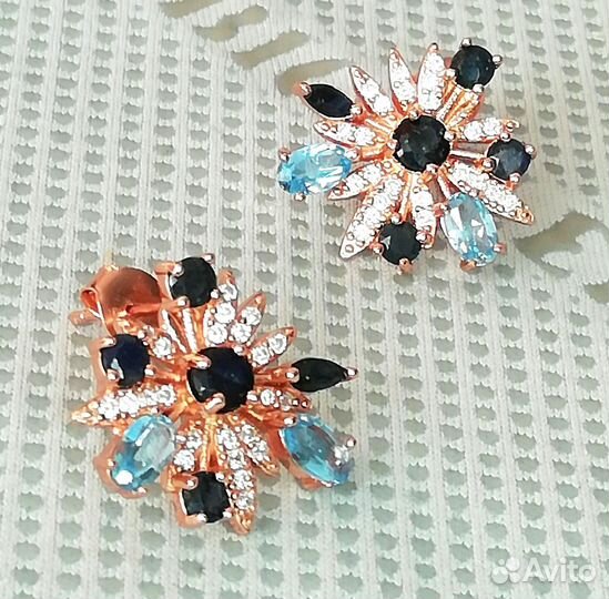 Серьги серебро сапфир, топаз С326