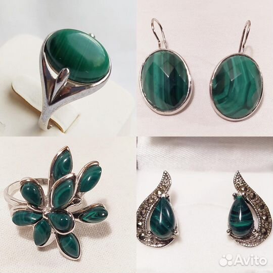 Серьги и кольцо с малахитом, 925(кт)