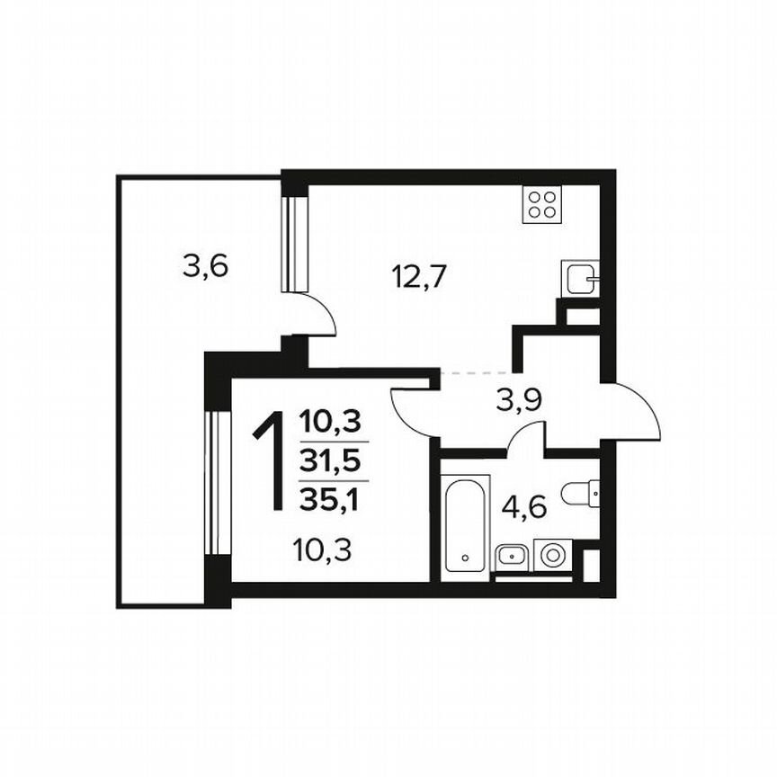 1-к. квартира, 35,1 м², 1/12 эт.