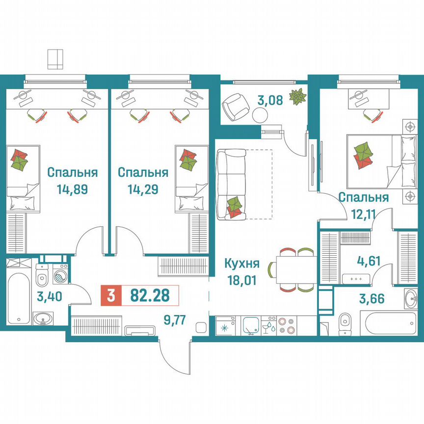 3-к. квартира, 82,3 м², 7/18 эт.