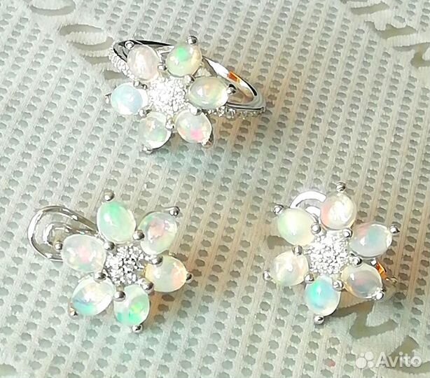 Серьги, кольцо серебро опал разм.17,0 С325