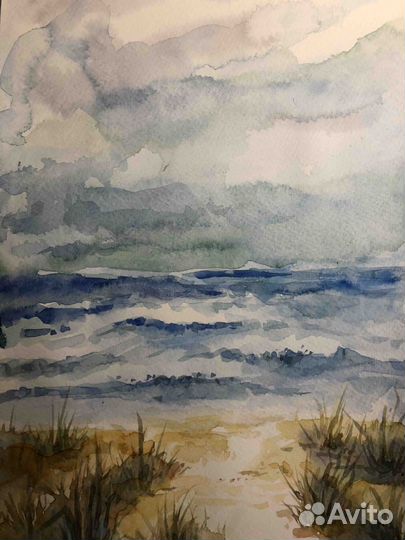 Море пейзаж акварель