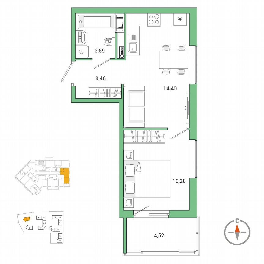 1-к. квартира, 34,3 м², 4/10 эт.