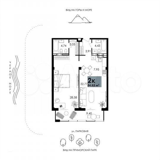 2-к. апартаменты, 84,8 м², 9/12 эт.