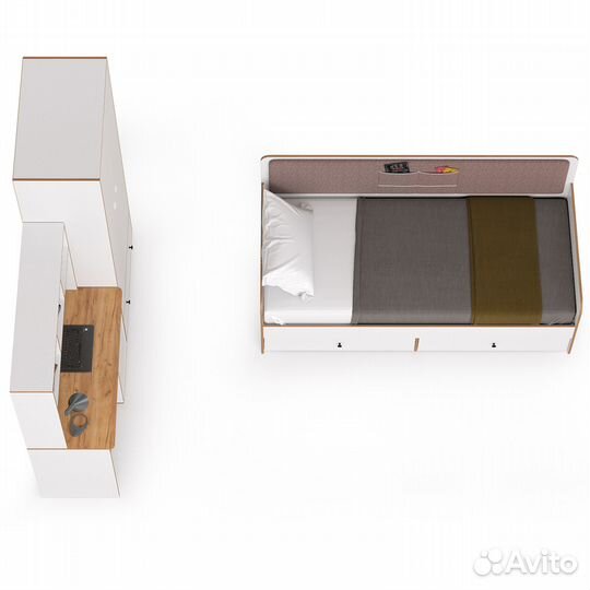 Вуди мебель в детскую с кроватью с ящиками № 38, цвет белый премиум/дуб крафт золотой/саванна латте