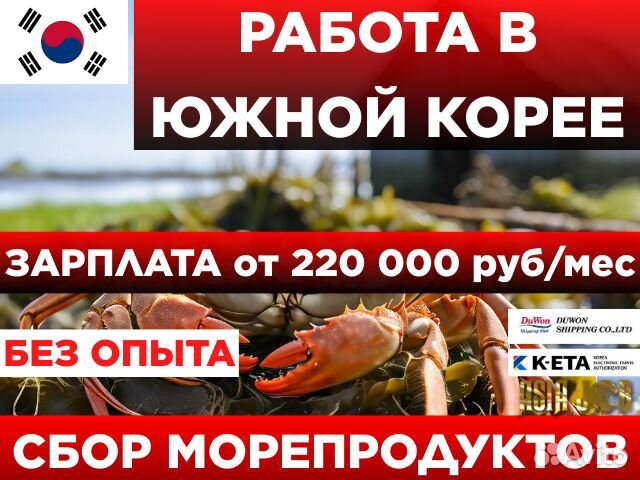 Разнорабочий в Южную Корею. Сбор морепродуктов.Б/О