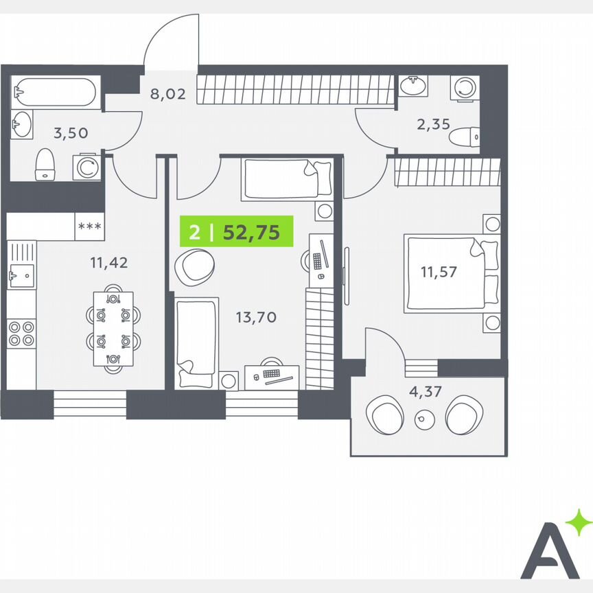 2-к. квартира, 52 м², 11/12 эт.