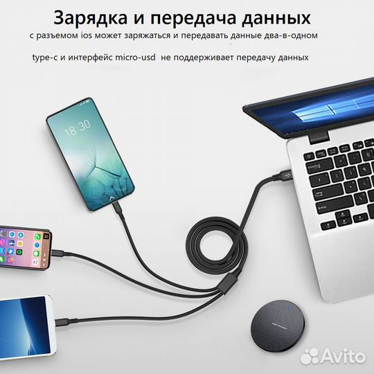 Кабель 3 в 1 для iPhone, Type-C и micro-usb