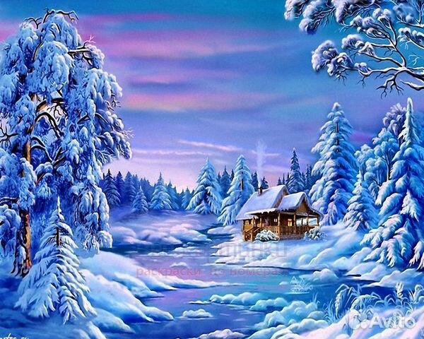 Алмазная мозаика 21x25 Заснеженный домик в лесу у