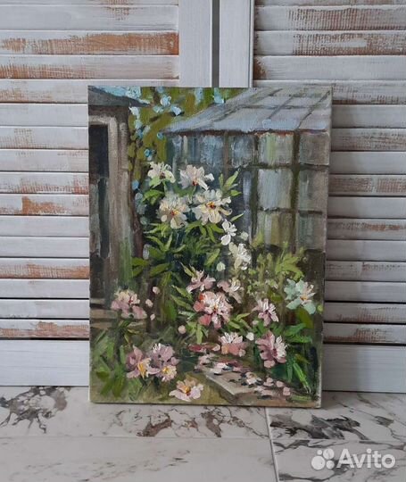 Картина маслом на холсте пионы в саду