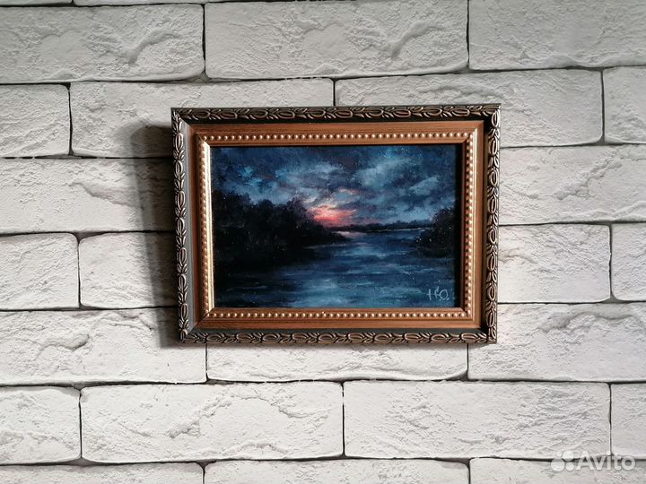 Картина маслом закат. Миниатюра на холсте пейзаж