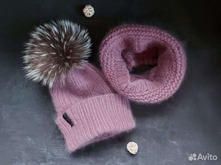 Шапка, снуд, ручная работа. Пух норки