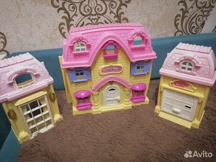 Домик кукольный, кукла, медведь и бегемот