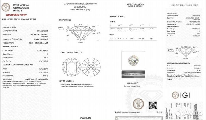 Круглый выращенный (CVD) бриллиант 10.06 ct