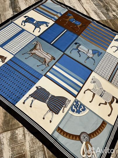 Шелковый платок шаль Hermes синий