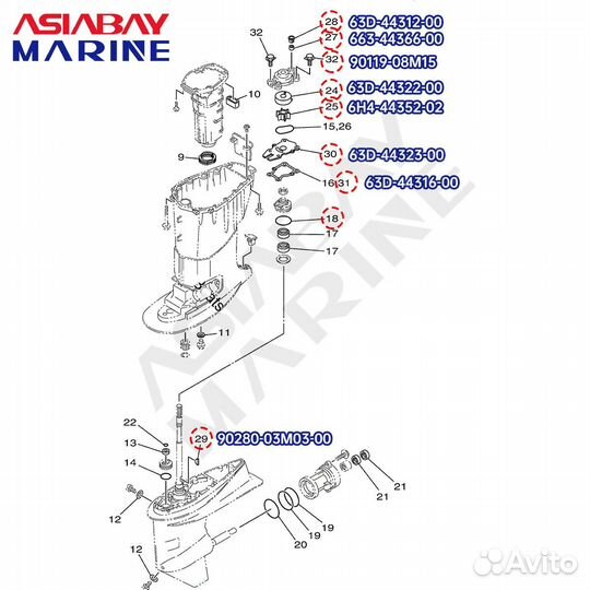 Рем. комплект помпы Yamaha 63D-W0078 40-60 л с кор
