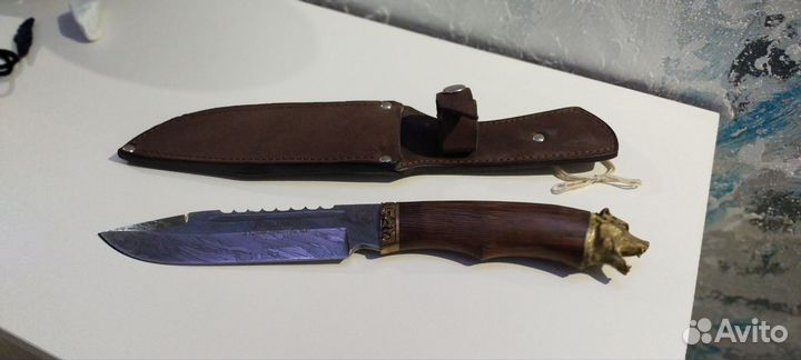 Авторский нож Медведь, сталь дамаск, берёза, кожа